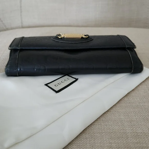 Gucci GG Black Guccissima Long Trifold Snap Wallet W/ Gucci Gold Horsebit Accent - Picture 7 of 16
